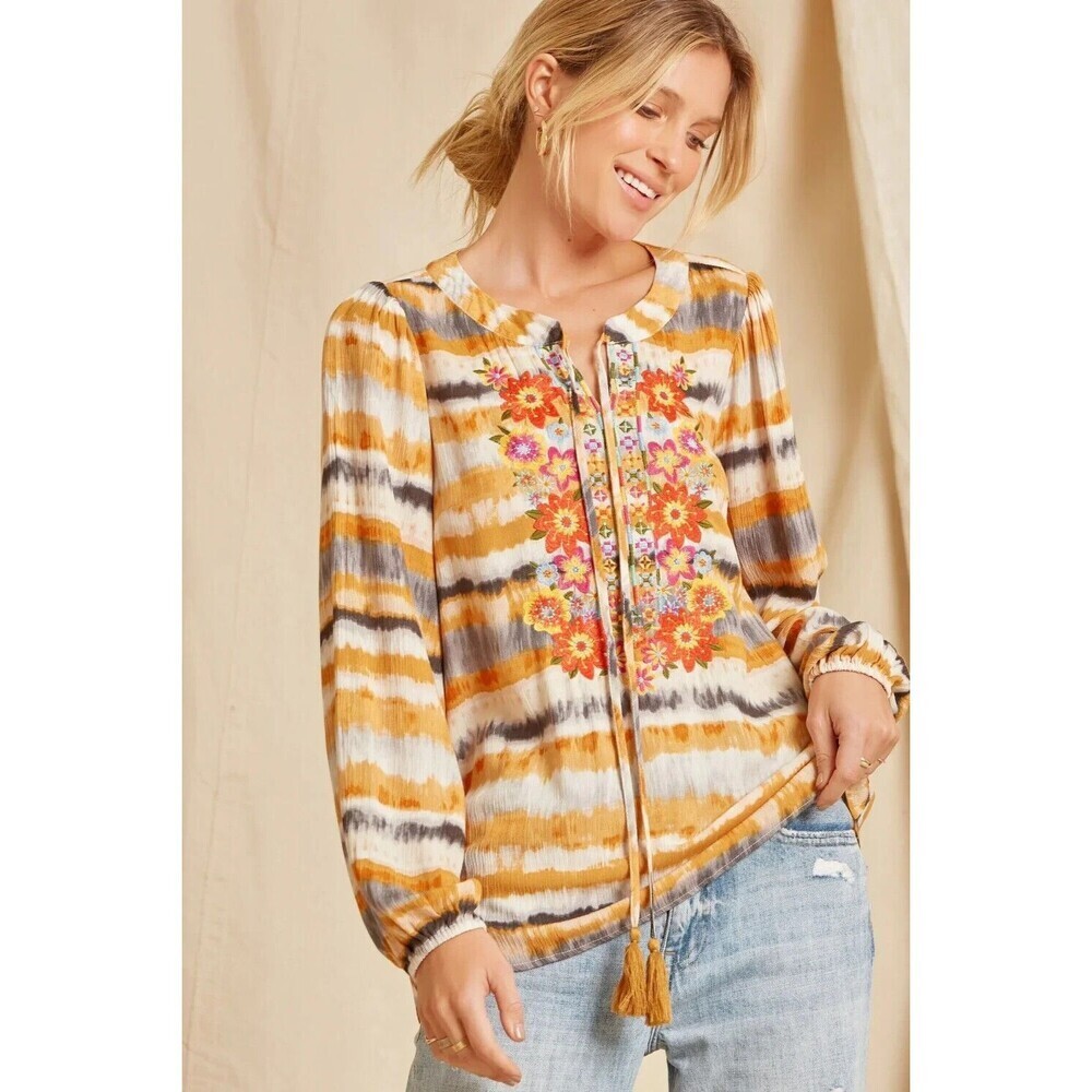 Savanna Jane Bohemian‎ Blouse Multicolor Small Floral Tie-Dye Tassel Embroidered